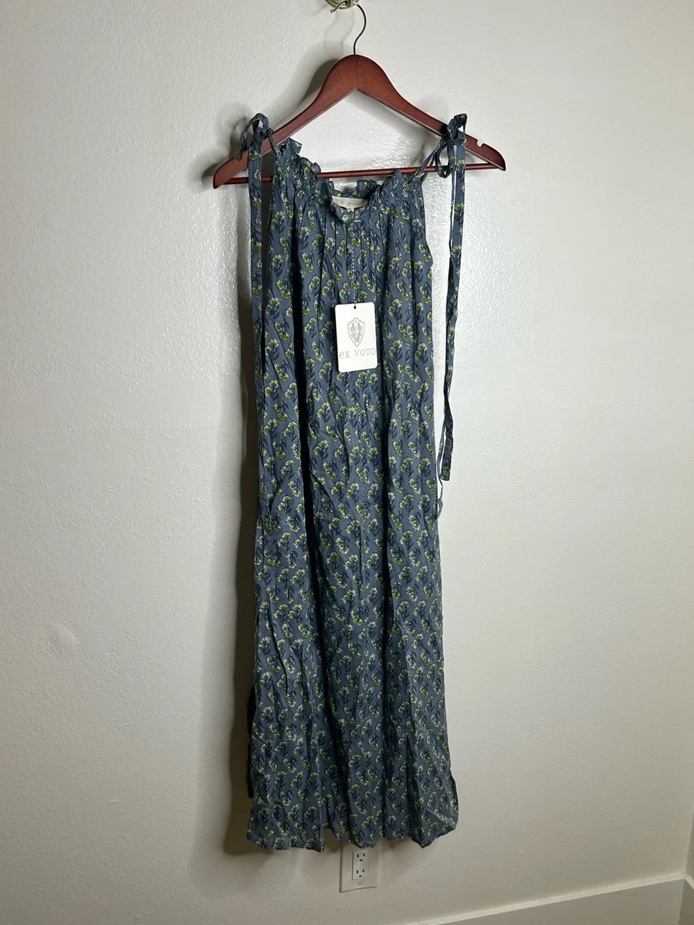 NWT Ex - Voto 100% Cotton Blue Block Print Bohemian Iris Sundress Maxi Flowy